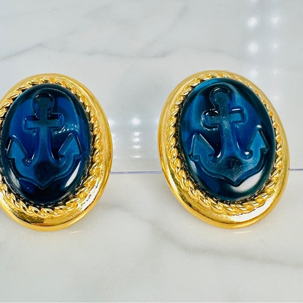 Vintage Trifari Blue Anchor Earrings Clip On Blue Gold Large Signed Statement - Picture 9 of 9